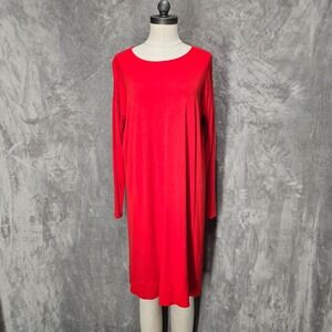Eileen Fisher Red Long Sleeve‎ Crew Neck Shift Dress M/M Viscose Spandex Basic
